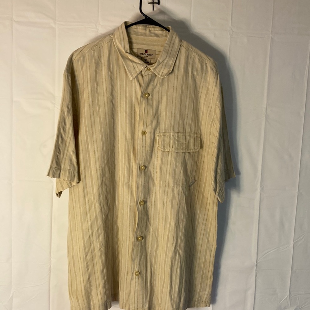 Woolrich Tan with off white and gold stripes casual button down size large